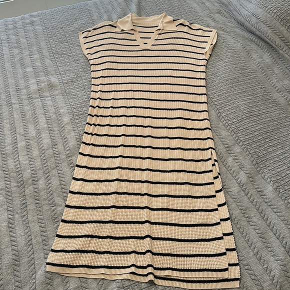 Womens Striped Summer Dress Short Sleeve VNeck Knit Collared Maxi Sweater Dress - Picture 4 of 4